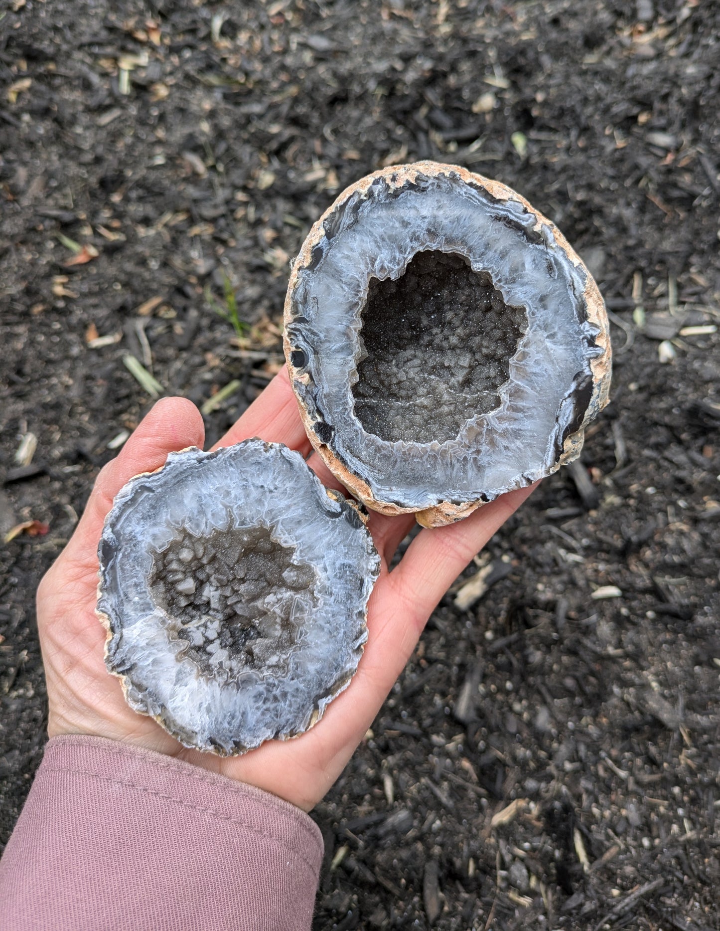 Agate Drusy Oco Geode Pair from Rio Grande do Sul, Brazil