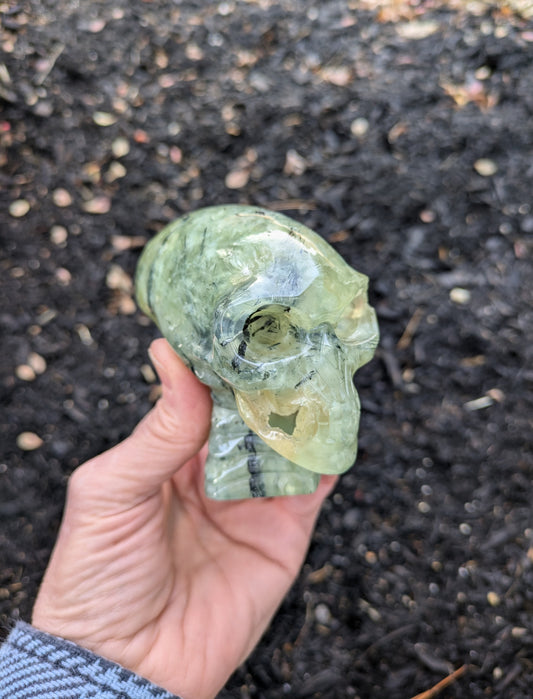 Prehnite with Epidote Alien Skull Carving