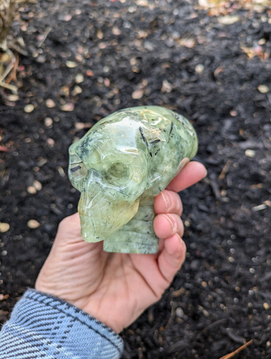 Prehnite with Epidote Alien Skull Carving