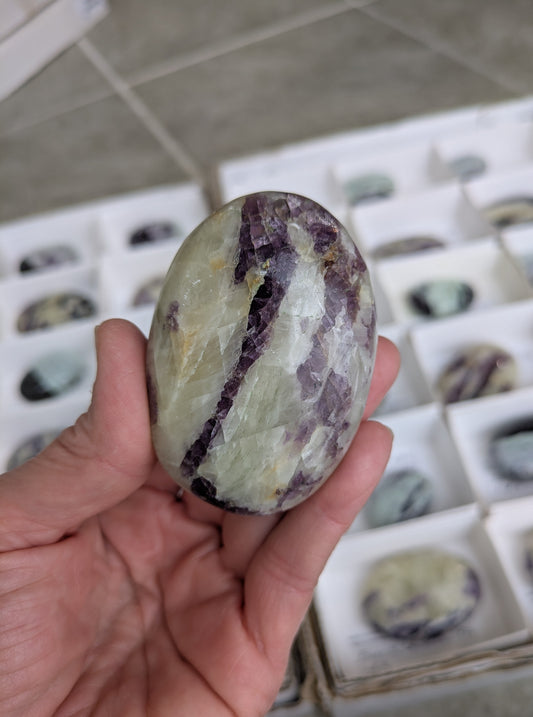 Fluorite in Calcite Palm Stone from India