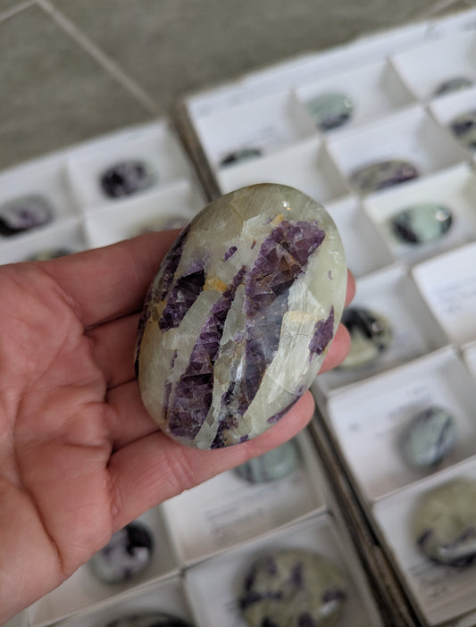 Fluorite in Calcite Palm Stone from India