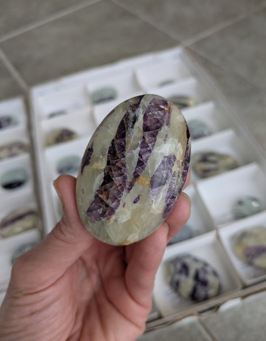 Fluorite in Calcite Palm Stone from India