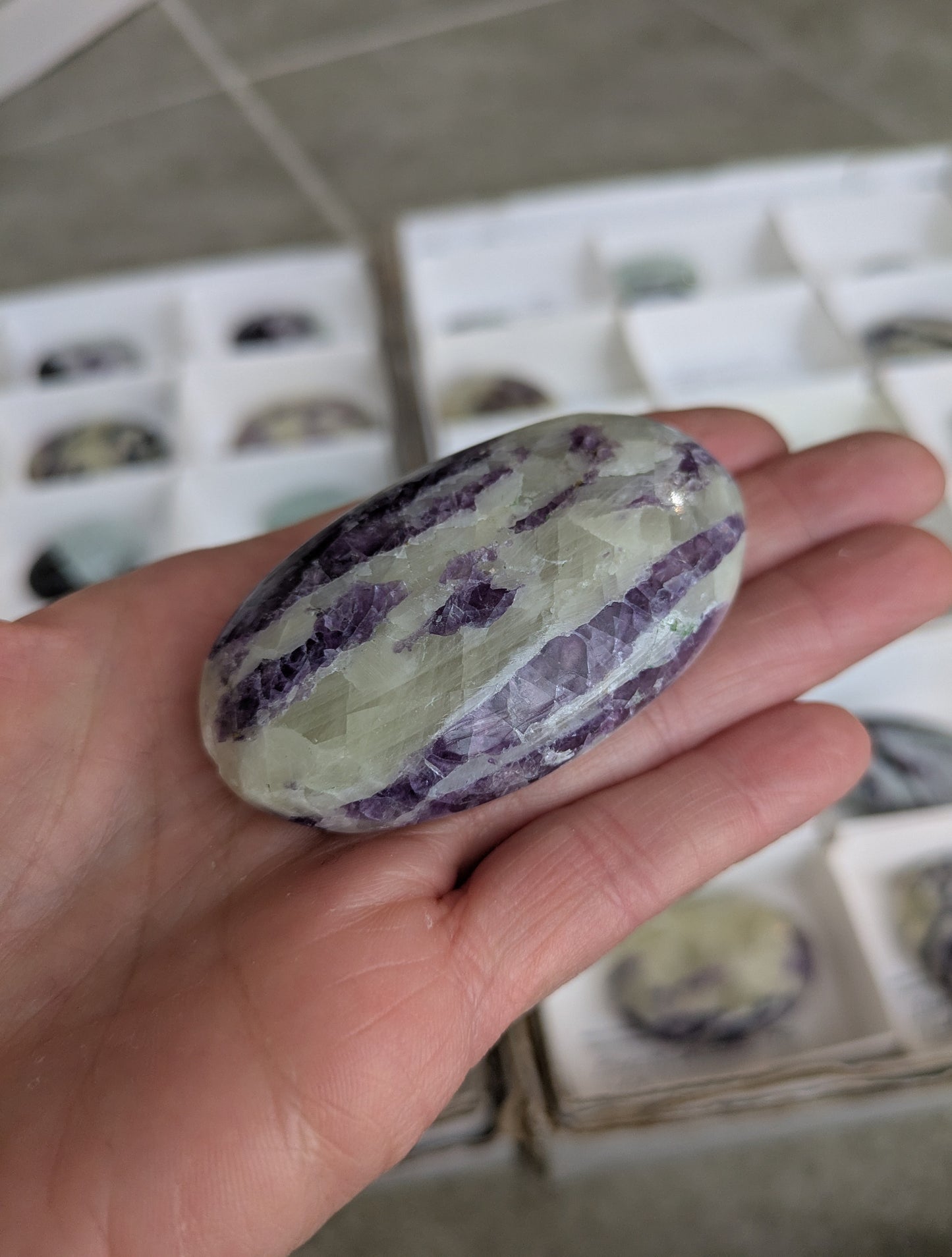 Fluorite in Calcite Palm Stone from India