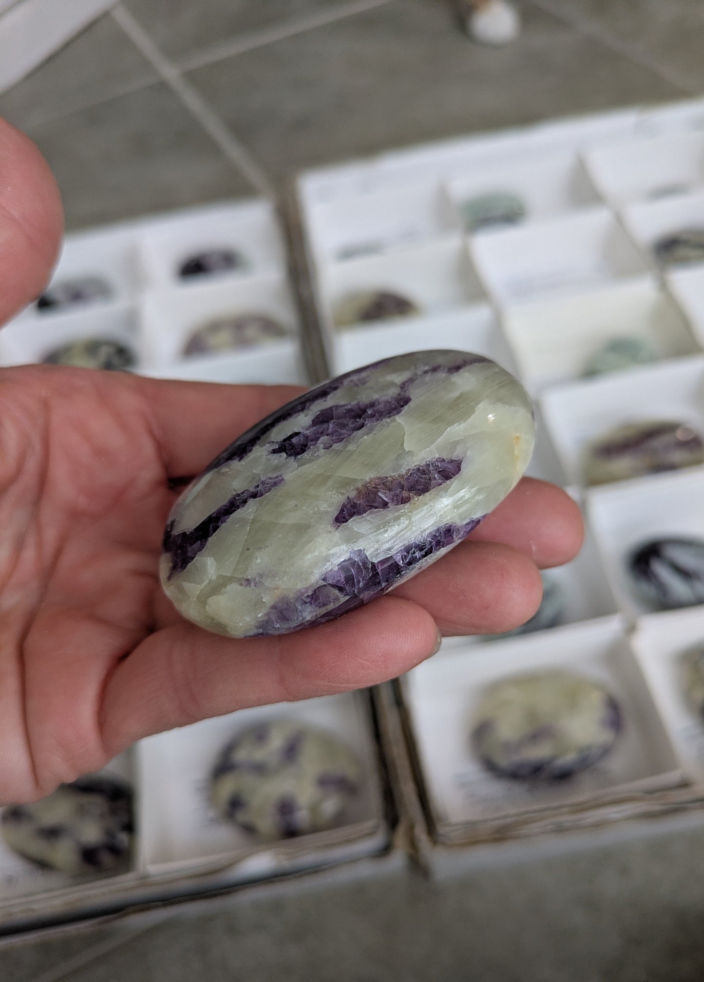 Fluorite in Calcite Palm Stone from India