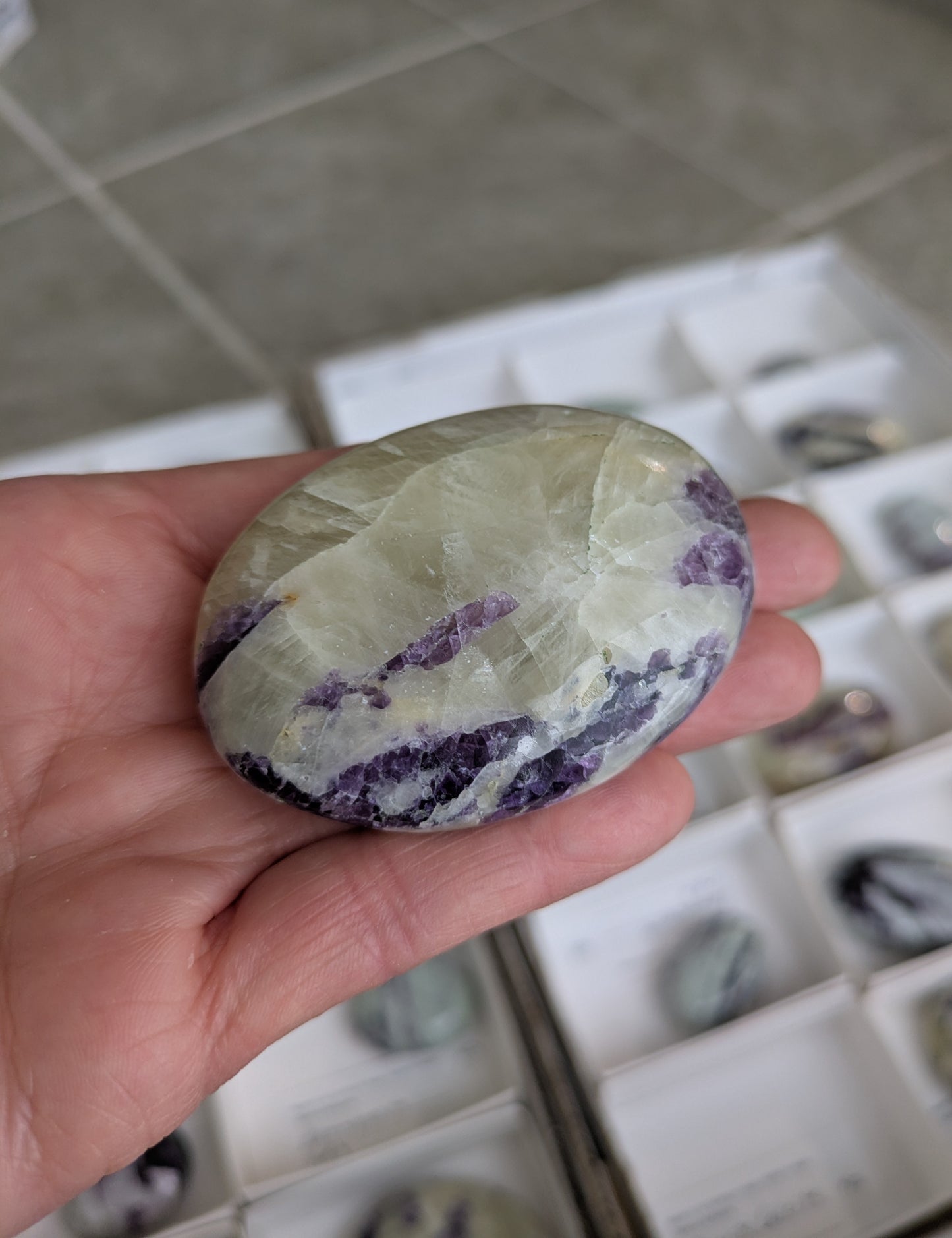 Fluorite in Calcite Palm Stone from India