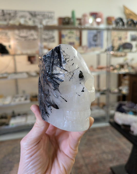 Tourmalinated Quartz Free Form Skull, Carved in China