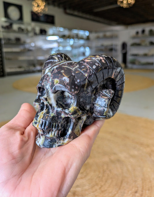 Jasper and Quartz Horned Skull Carving