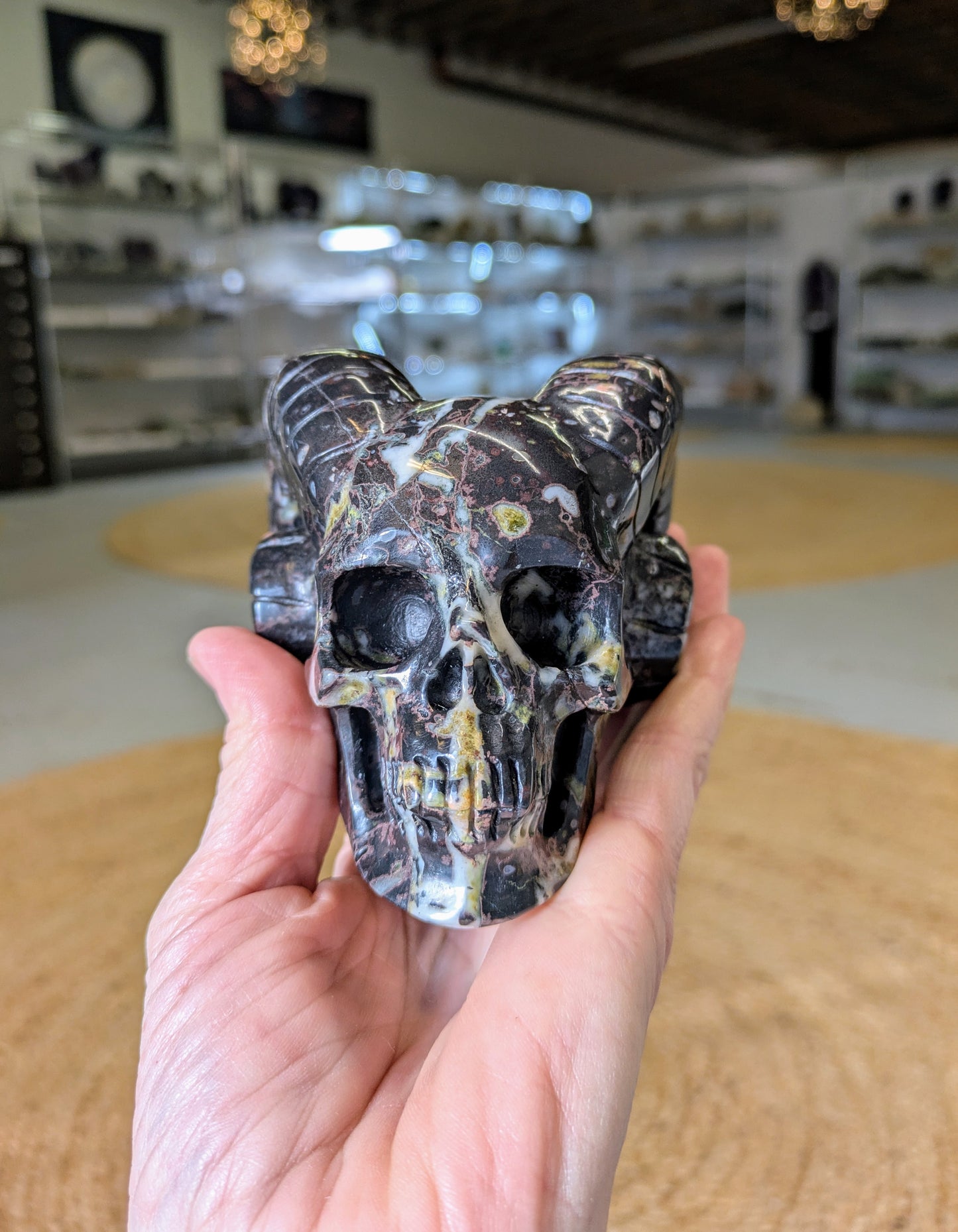 Jasper and Quartz Horned Skull Carving