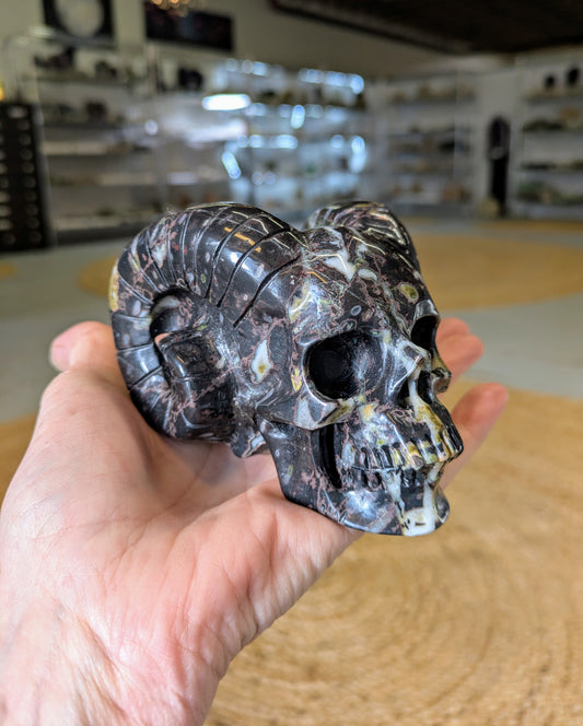 Jasper and Quartz Horned Skull Carving