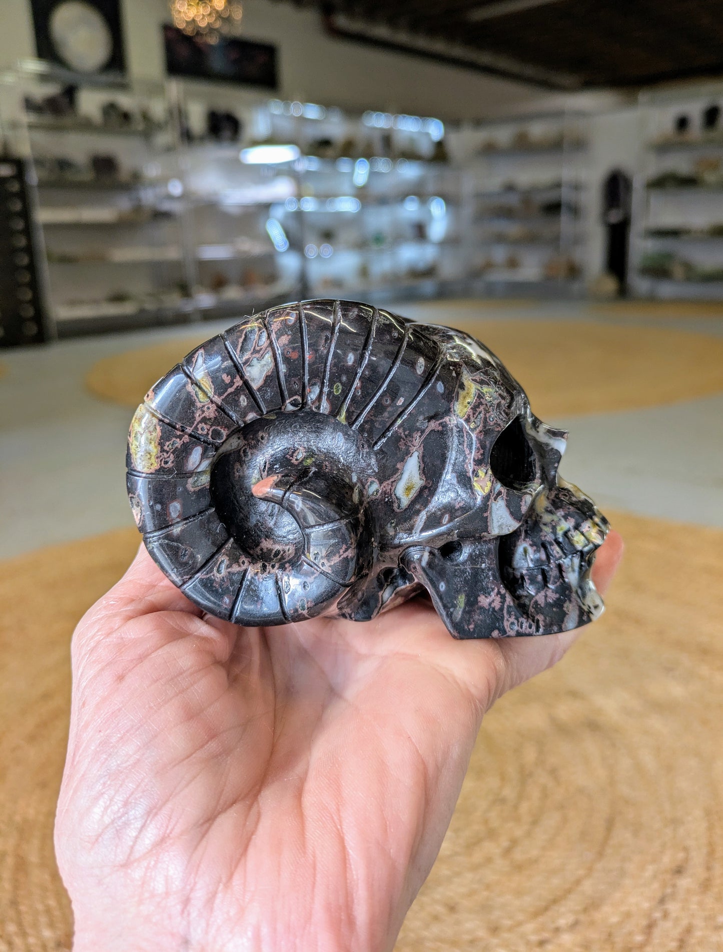 Jasper and Quartz Horned Skull Carving