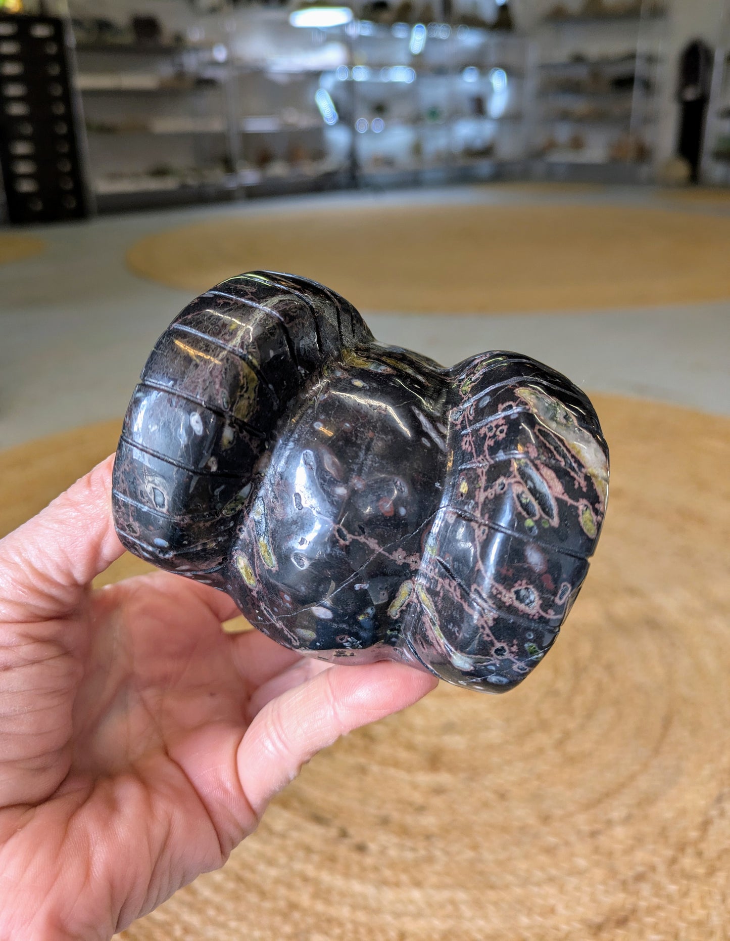 Jasper and Quartz Horned Skull Carving