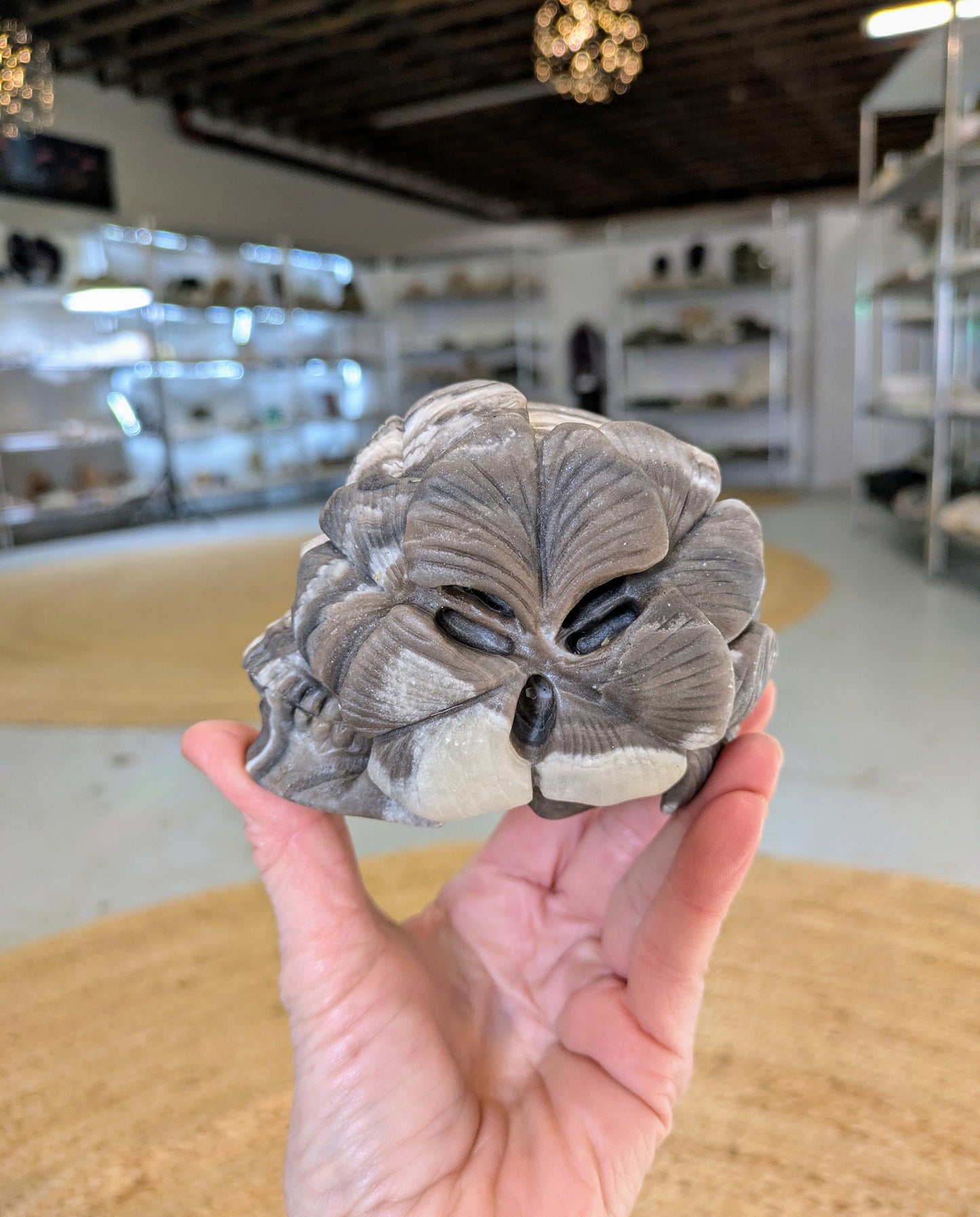 Layered Jasper Flower Skull Carving