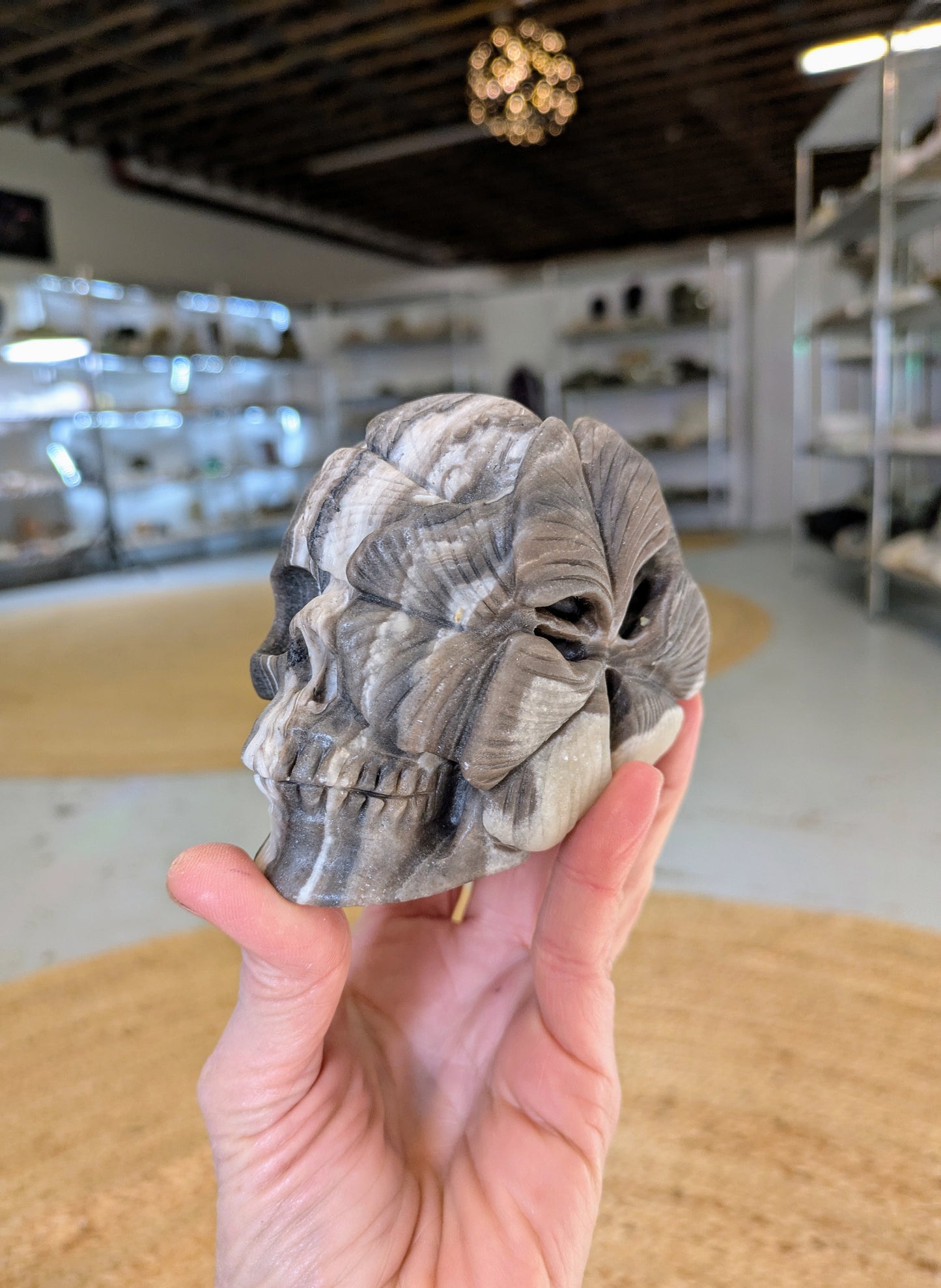 Layered Jasper Flower Skull Carving