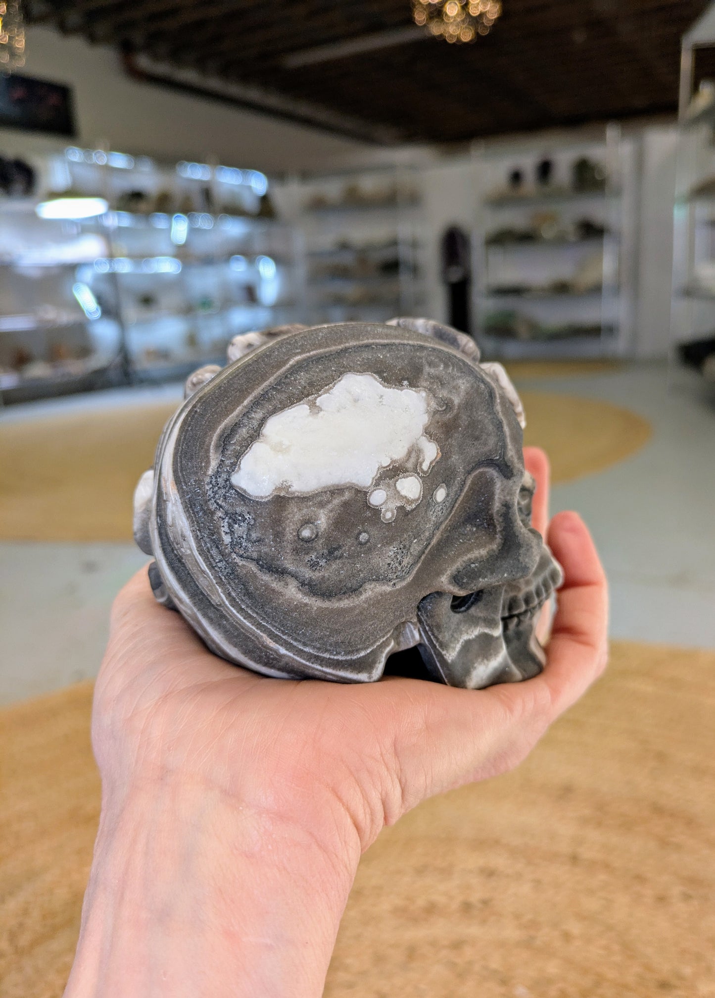 Layered Jasper Flower Skull Carving