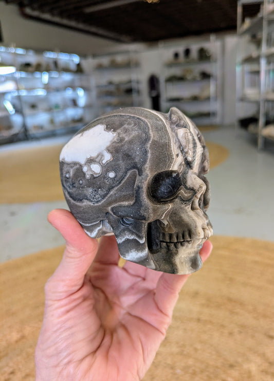 Layered Jasper Flower Skull Carving