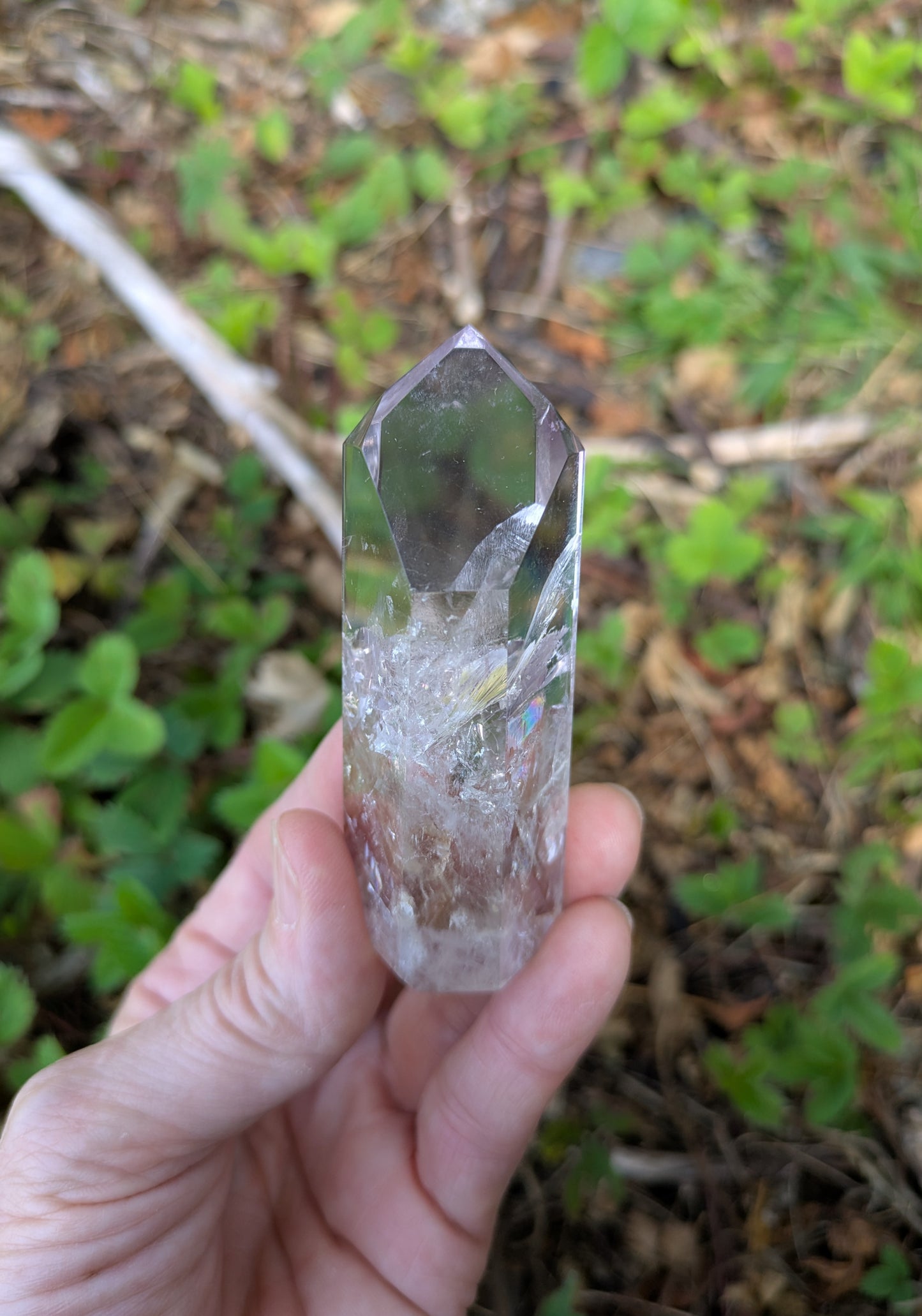 Polished Amethyst Quartz Tower with Powellite and Smokey Phantoms from Minas Gerais, Brazil