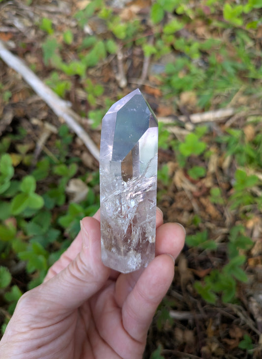 Polished Amethyst Quartz Tower with Powellite and Smokey Phantoms from Minas Gerais, Brazil