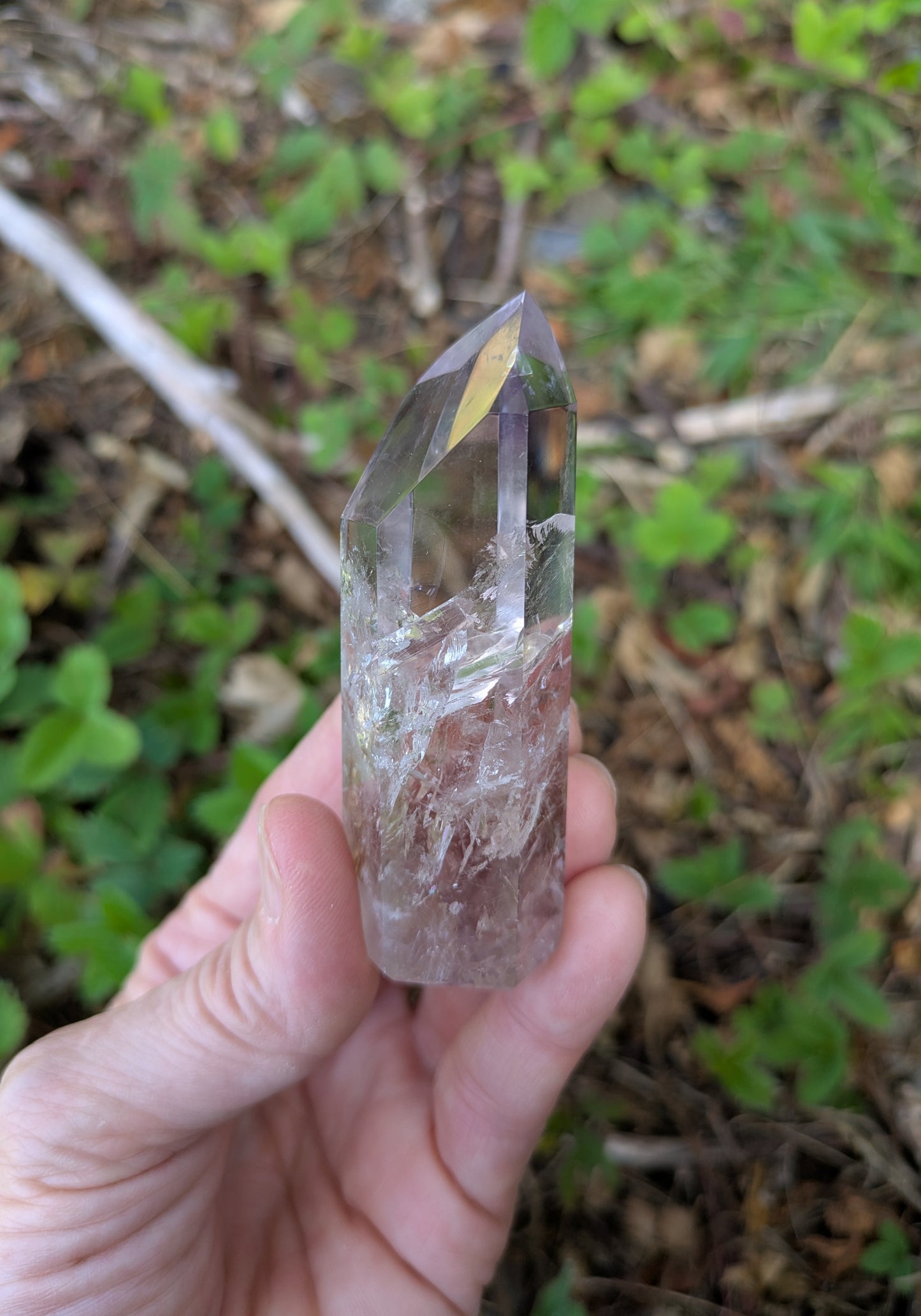 Polished Amethyst Quartz Tower with Powellite and Smokey Phantoms from Minas Gerais, Brazil