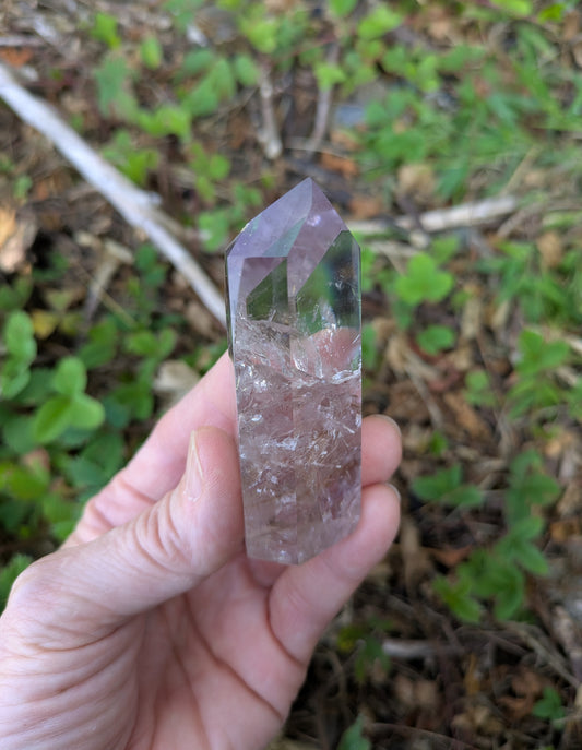 Polished Amethyst Quartz Tower with Powellite and Smokey Phantoms from Minas Gerais, Brazil