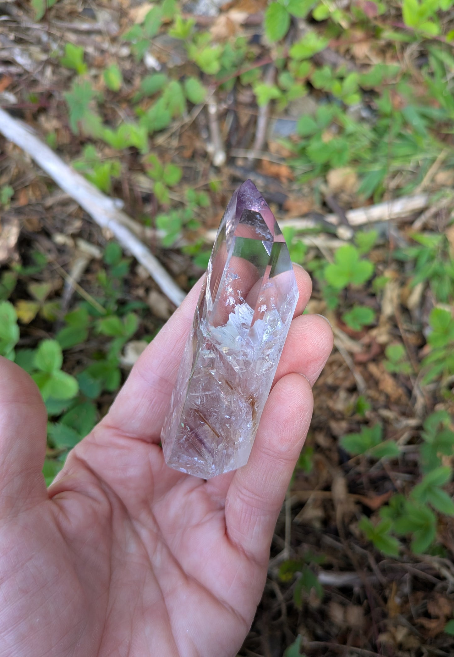 Polished Amethyst Quartz Tower with Powellite and Smokey Phantoms from Minas Gerais, Brazil