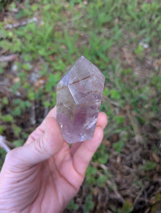 Polished Amethyst Quartz Tower with Powellite and Smokey Phantoms from Minas Gerais, Brazil