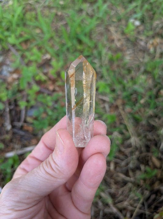 Polished Quartz Tower with Powellite and Smokey Phantoms from Minas Gerais, Brazil