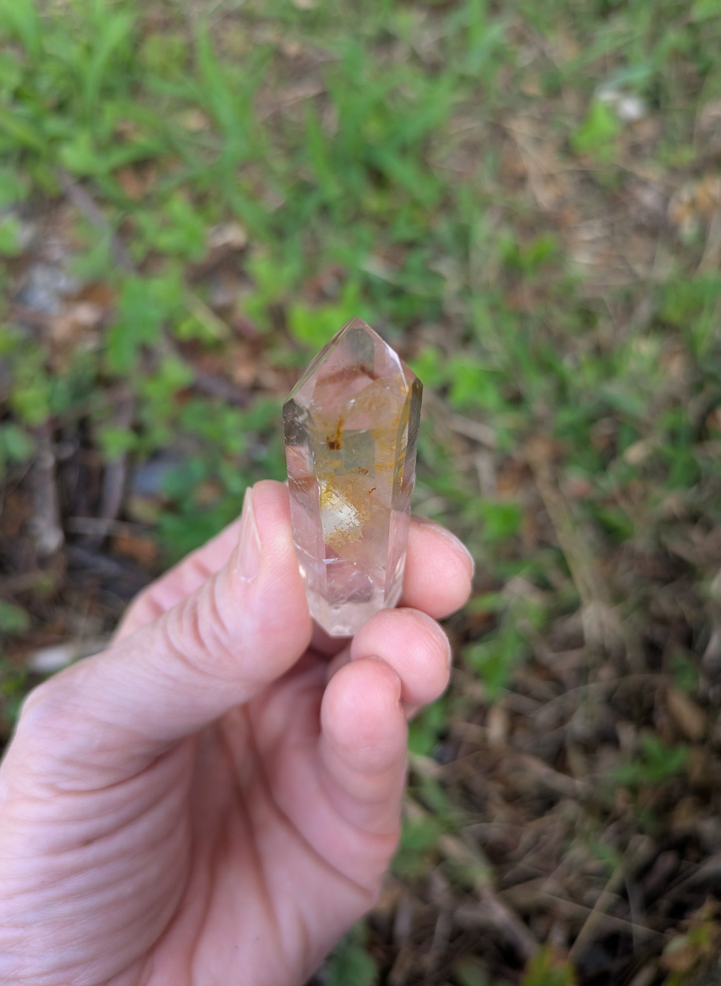 Polished Quartz Tower with Powellite and Smokey Phantoms from Minas Gerais, Brazil