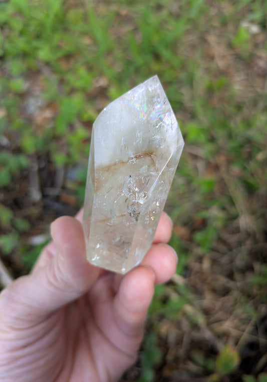Polished Quartz Tower with Powellite and Smokey Phantoms from Minas Gerais, Brazil