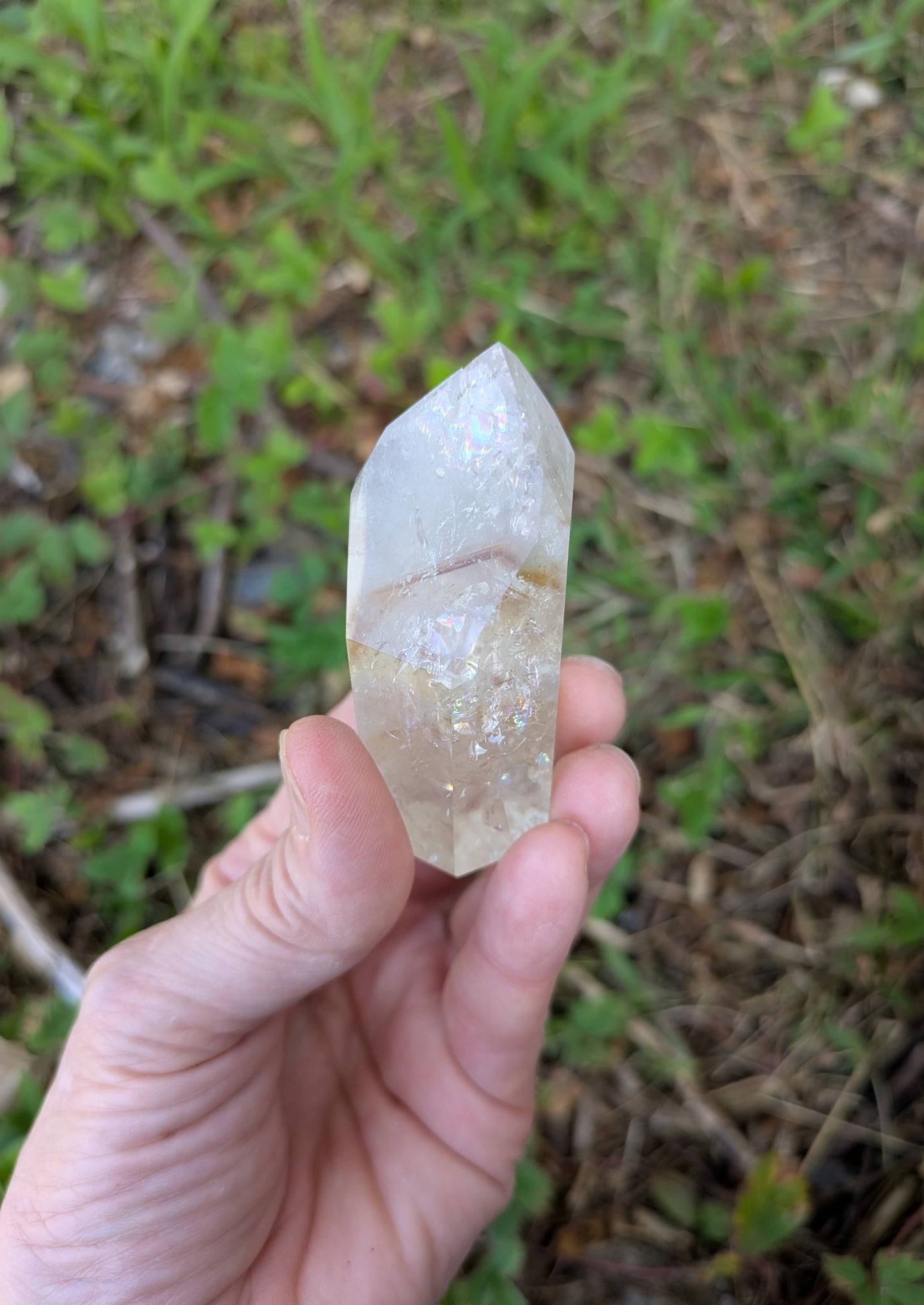 Polished Quartz Tower with Powellite and Smokey Phantoms from Minas Gerais, Brazil