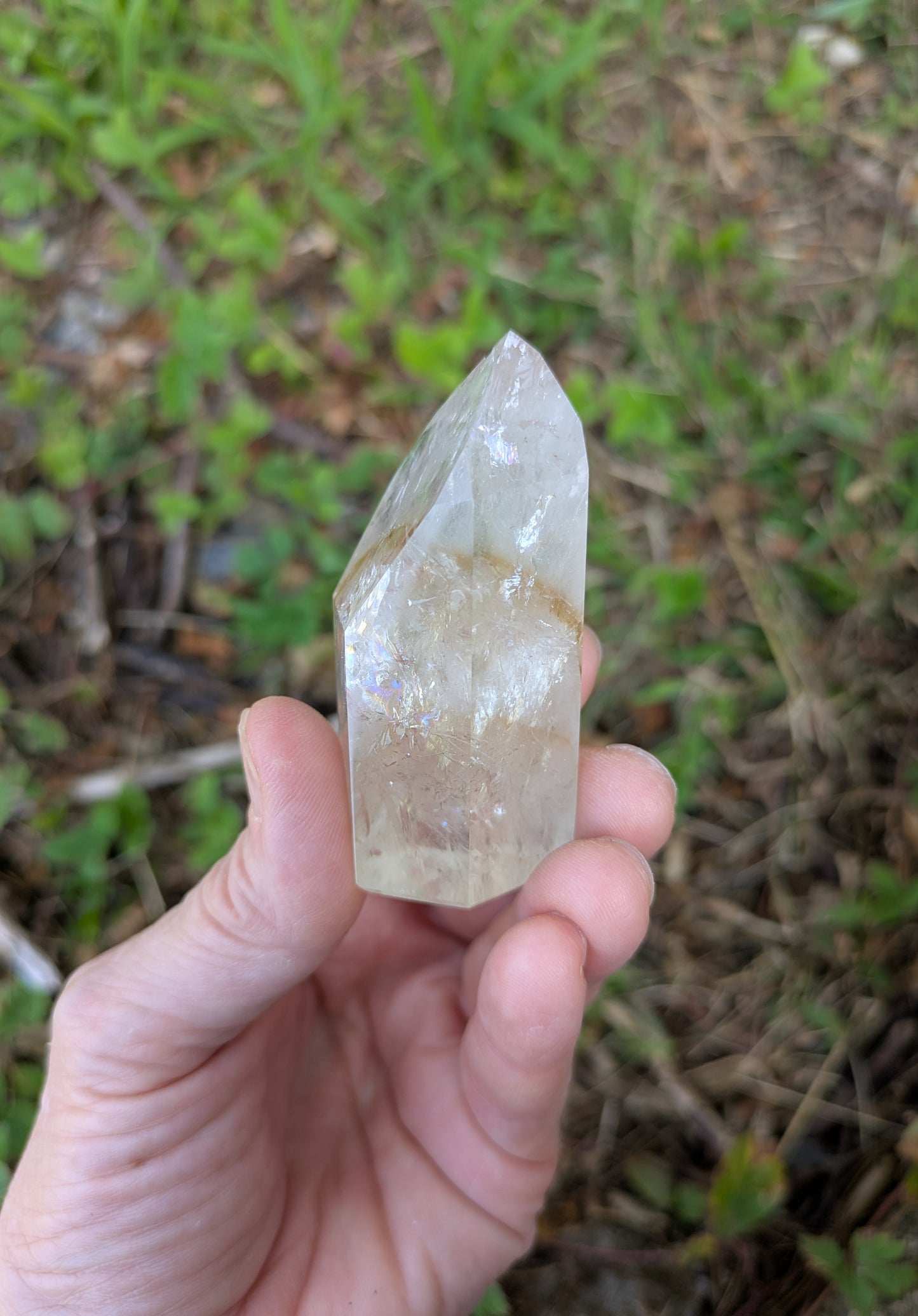 Polished Quartz Tower with Powellite and Smokey Phantoms from Minas Gerais, Brazil