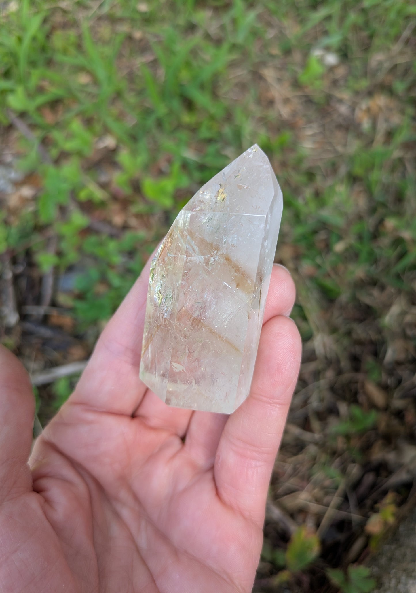 Polished Quartz Tower with Powellite and Smokey Phantoms from Minas Gerais, Brazil