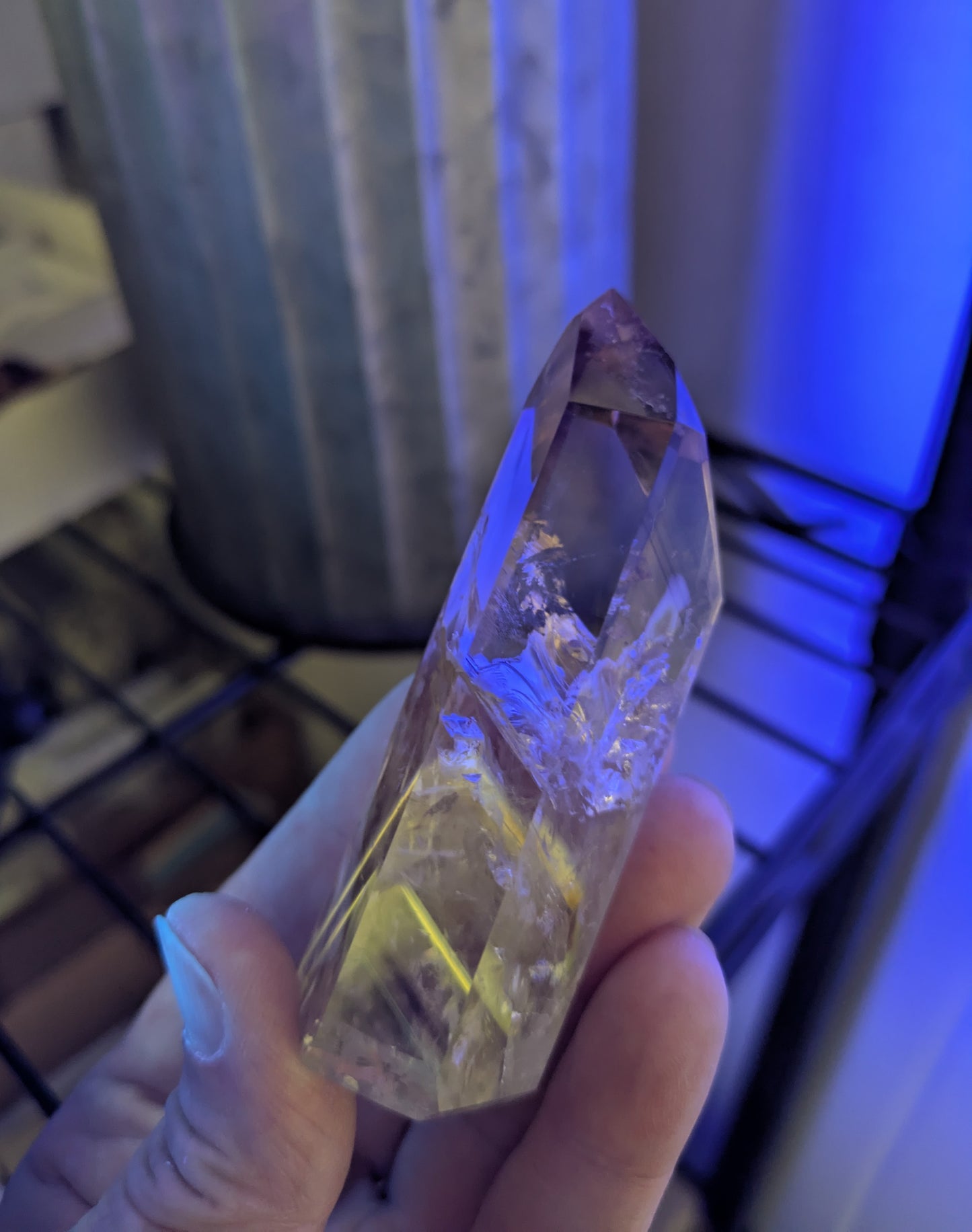Polished Amethyst Quartz Tower with Powellite and Smokey Phantoms from Minas Gerais, Brazil