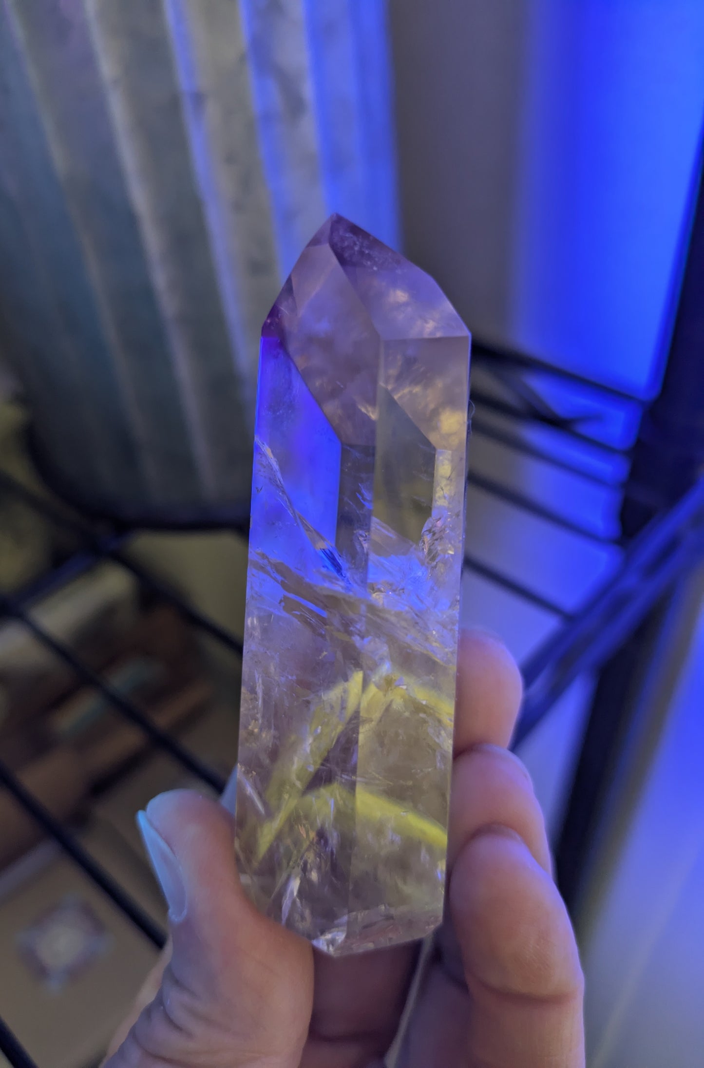Polished Amethyst Quartz Tower with Powellite and Smokey Phantoms from Minas Gerais, Brazil