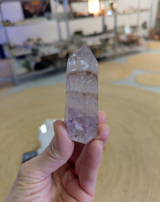 Polished Amethyst Quartz Tower with Powellite and Smokey Phantoms from Minas Gerais, Brazil