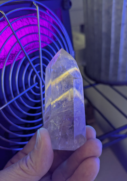 Polished Amethyst Quartz Tower with Powellite and Smokey Phantoms from Minas Gerais, Brazil