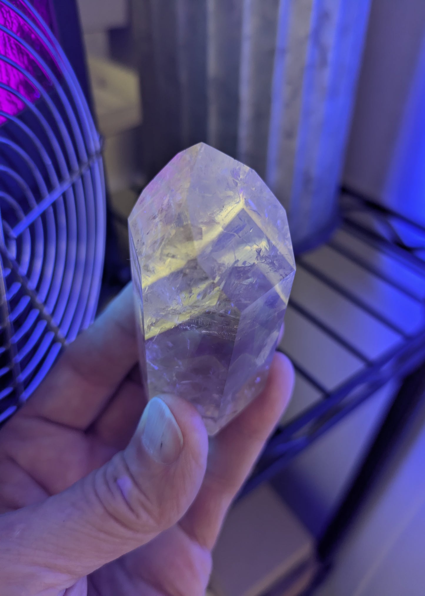 Polished Amethyst Quartz Tower with Powellite and Smokey Phantoms from Minas Gerais, Brazil
