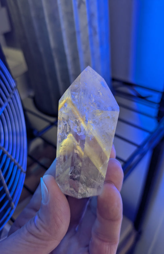 Polished Quartz Tower with Powellite and Smokey Phantoms from Minas Gerais, Brazil