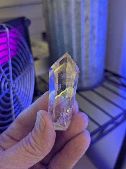 Polished Quartz Tower with Powellite and Smokey Phantoms from Minas Gerais, Brazil