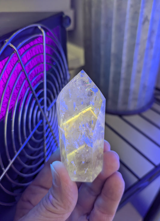 Polished Quartz Tower with Powellite and Smokey Phantoms from Minas Gerais, Brazil