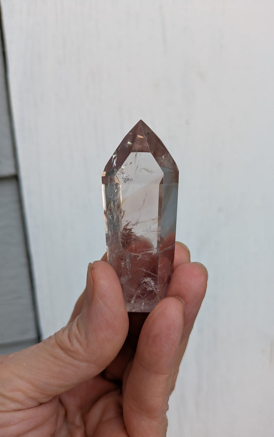 Polished Quartz Tower with Powellite and Smokey Phantoms from Minas Gerais, Brazil
