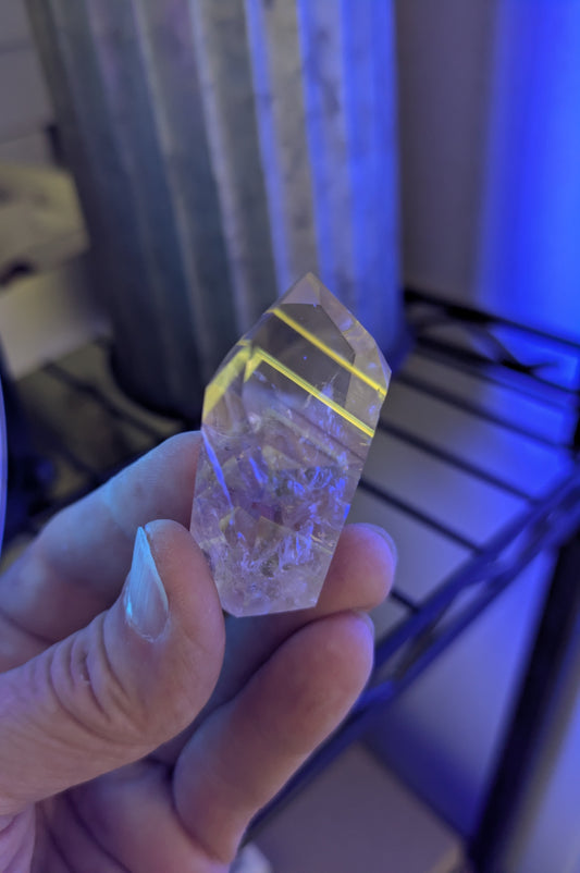 Polished Amethyst Quartz Tower with Powellite and Smokey Phantoms from Minas Gerais, Brazil