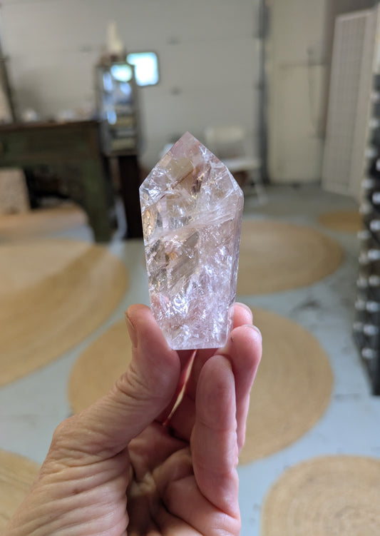 Polished Quartz Tower with Powellite and Smokey Phantoms from Minas Gerais, Brazil