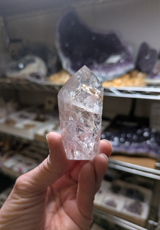 Polished Quartz Tower with Powellite and Smokey Phantoms from Minas Gerais, Brazil