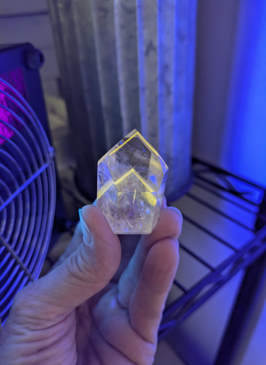 Polished Quartz Tower with Powellite and Smokey Phantoms from Minas Gerais, Brazil