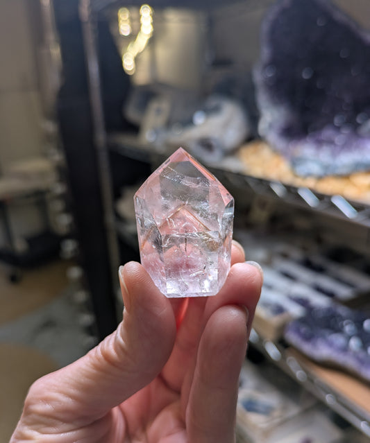 Polished Quartz Tower with Powellite and Smokey Phantoms from Minas Gerais, Brazil