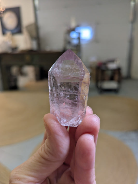 Polished Amethyst Quartz Tower with Powellite and Smokey Phantoms from Minas Gerais, Brazil
