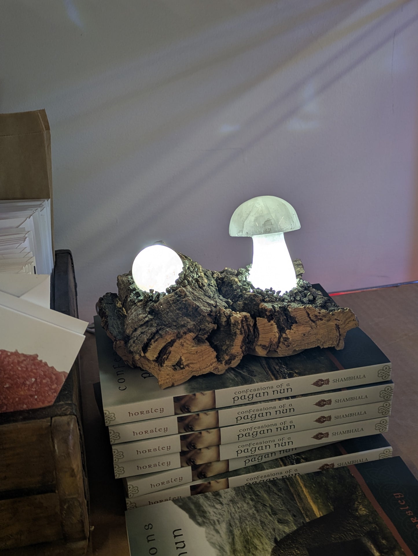 Calcite Mushroom and Quartz Orb Light Base Illuminated Lamp