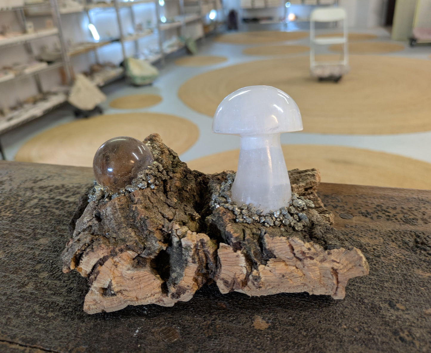 Calcite Mushroom and Quartz Orb Light Base Illuminated Lamp