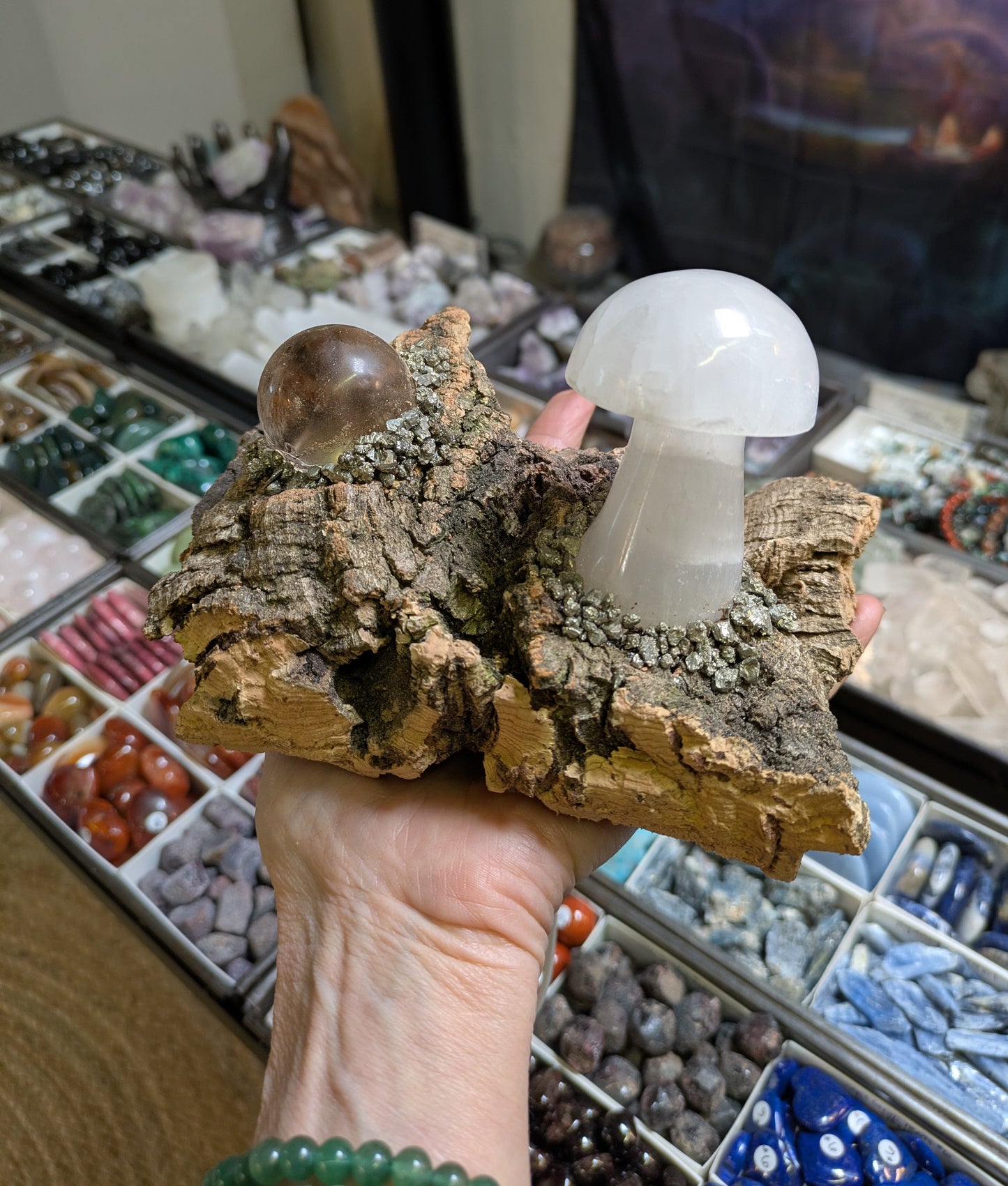 Calcite Mushroom and Quartz Orb Light Base Illuminated Lamp
