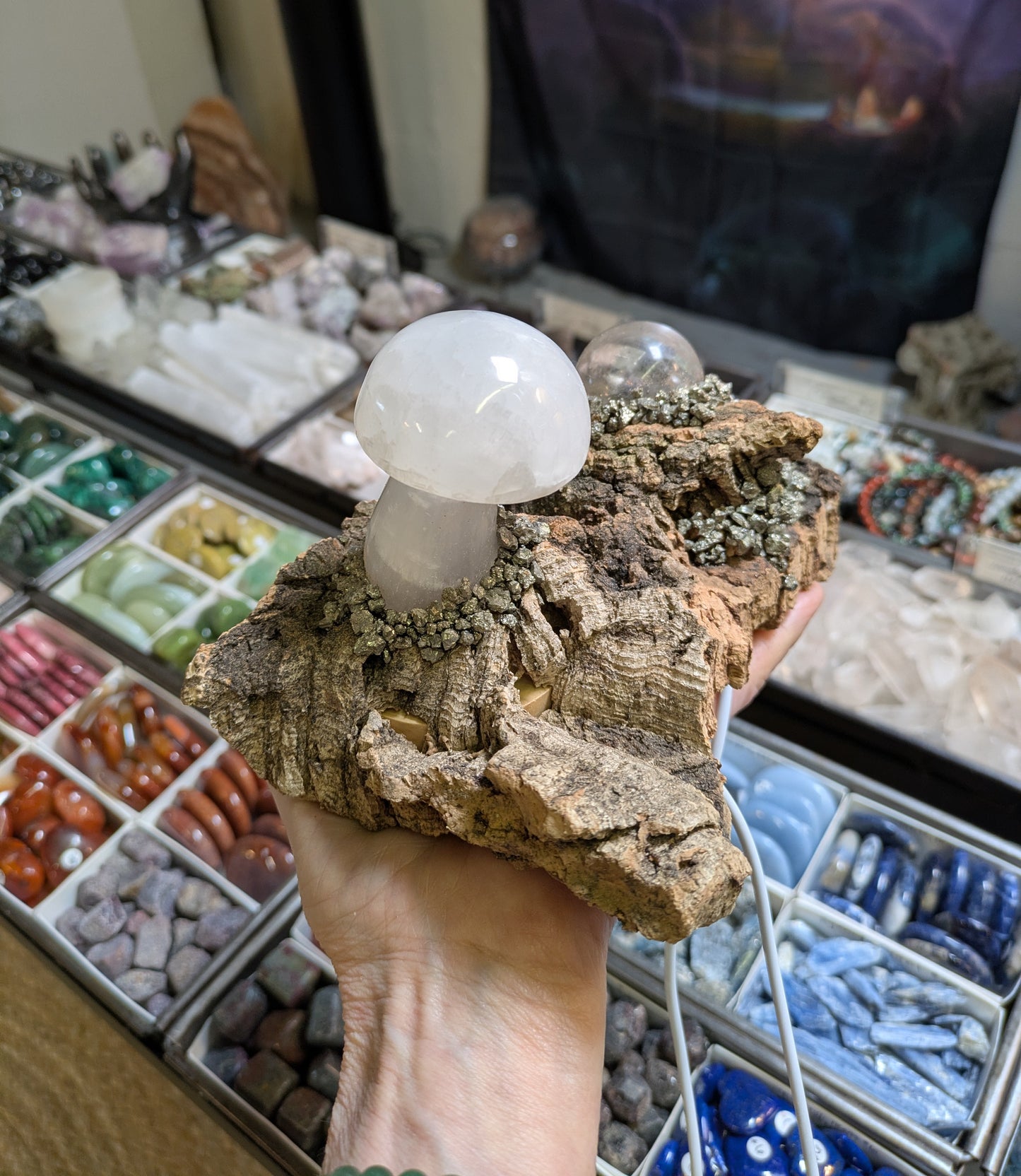Calcite Mushroom and Quartz Orb Light Base Illuminated Lamp